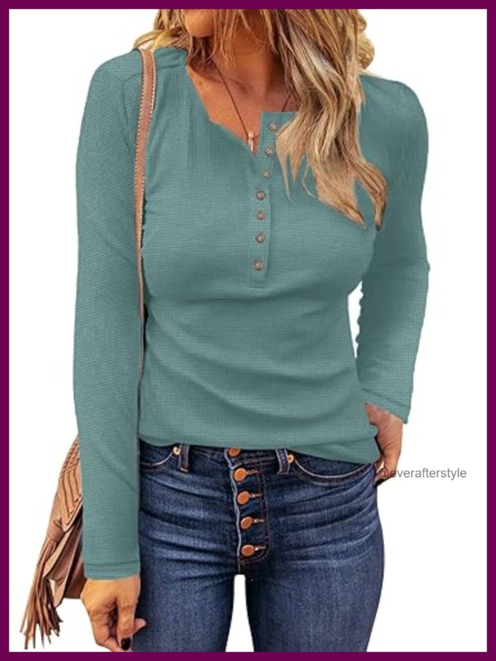 Waffle Knit Henley Tunic Top Long Sleeve Slim Fit Button Front Casual